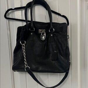Authentic Michael Kors Black Leather Tote with Chain-Trim Shoulder Strap